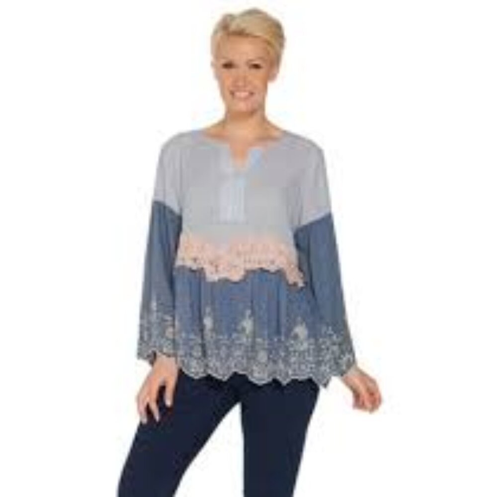 LOGO Lavish Boho Peasant Top M | Blue Mixed Media Swiss Dot Lace Hem Tunic